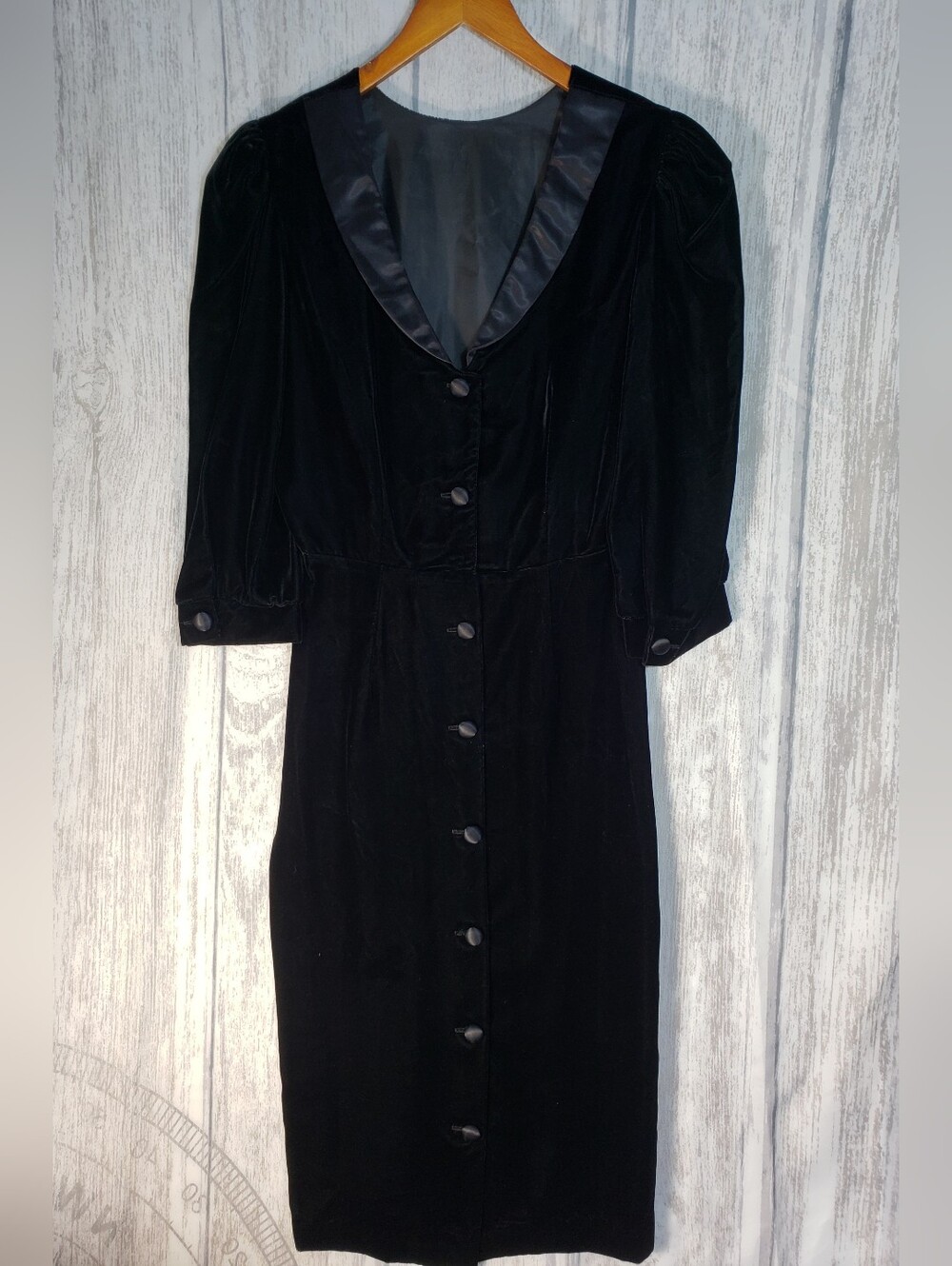 Vtg Antara black velvet midi dress Satin Shawl Collar Button Up 80s Sz 7/8